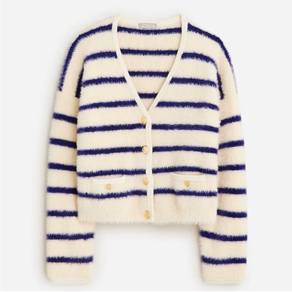 J. Crew Sweater Lady Jacket in Striped Brushed Yarn Nautical White and Navy (L) - Picture 2 of 14